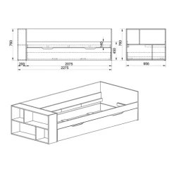Letto singolo 90x200cm con letto estraibile e libreria reversibile rovere Claudio
