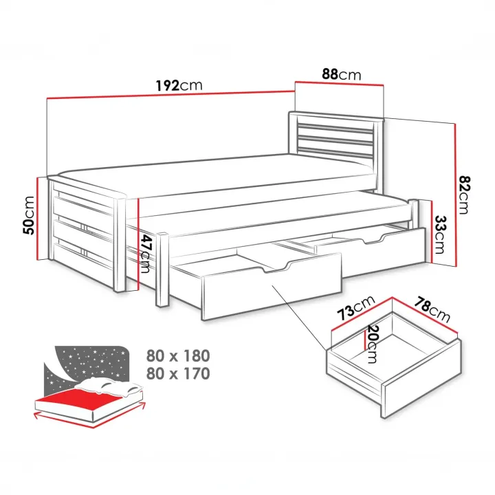 Letto singolo 80x180cm con letto estraibile e 2 cassettoni bianco opaco Kido