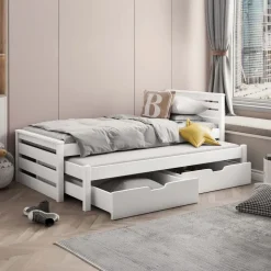 Letto singolo 80x180cm con letto estraibile e 2 cassettoni bianco opaco Kido