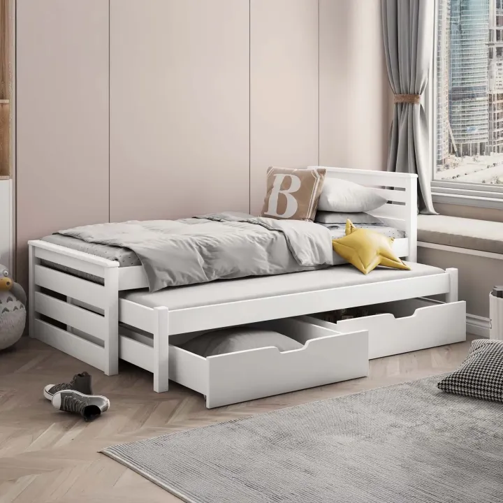 Letto singolo 80x180cm con letto estraibile e 2 cassettoni bianco opaco Kido