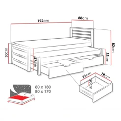 Letto singolo 80x180cm con letto estraibile e 2 cassettoni bianco opaco rovere Kido