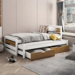 Letto singolo 80x180cm con letto estraibile e 2 cassettoni bianco opaco rovere Kido
