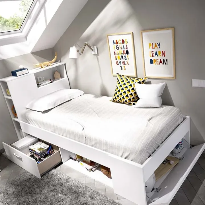 Letto singolo 90x190cm reversibile 2 cassetti con libreria bianco Derby