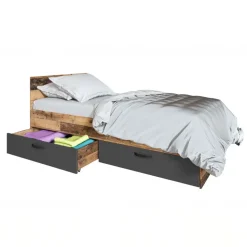 Letto singolo 90x200 con 2 cassetti grafite rovere rustico Fada