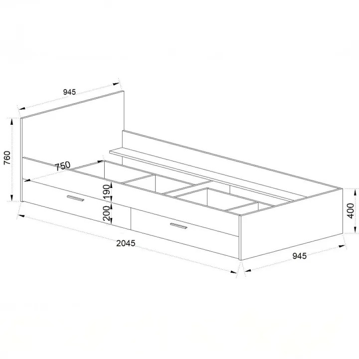 Letto singolo 90x200 con 2 cassetti grafite rovere rustico Fada