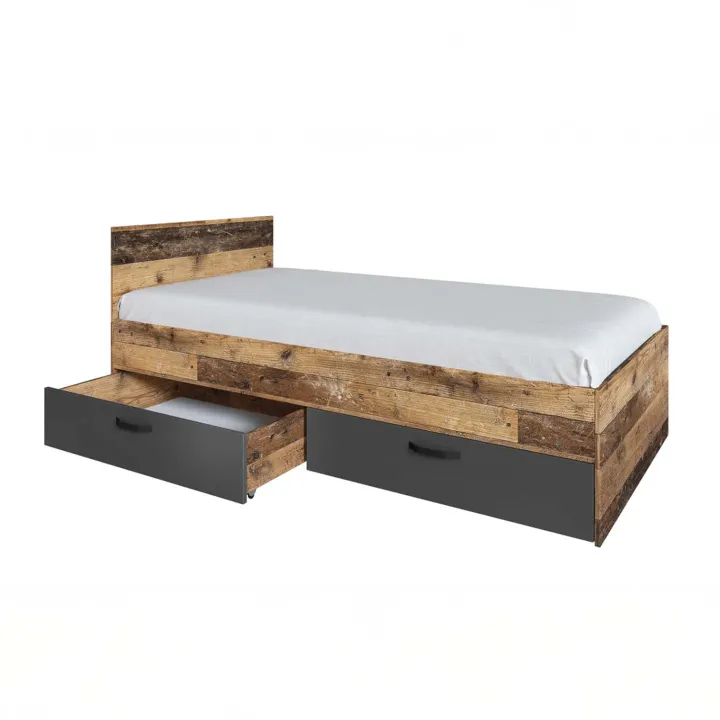 Letto singolo 90x200 con 2 cassetti grafite rovere rustico Fada