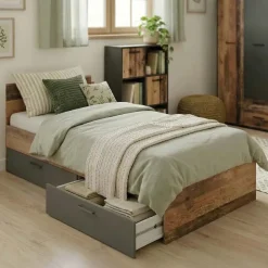 Letto singolo 90x200 con 2 cassetti grafite rovere rustico Fada