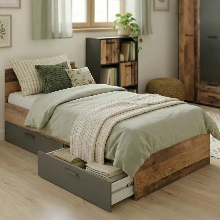 Letto singolo 90x200 con 2 cassetti grafite rovere rustico Fada