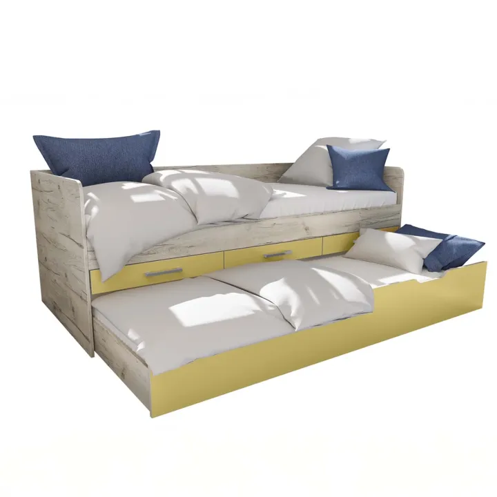 Letto singolo 90x200 con letto estraibile e 3 cassetti bianco frassinato giallo Bra