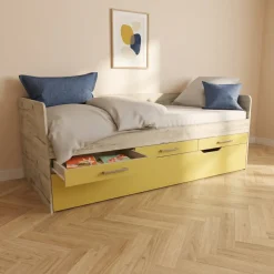 Letto singolo 90x200 con letto estraibile e 3 cassetti bianco frassinato giallo Bra
