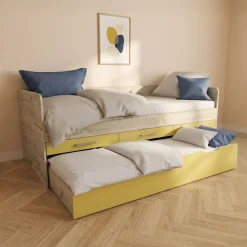 Letto singolo 90x200 con letto estraibile e 3 cassetti bianco frassinato giallo Bra