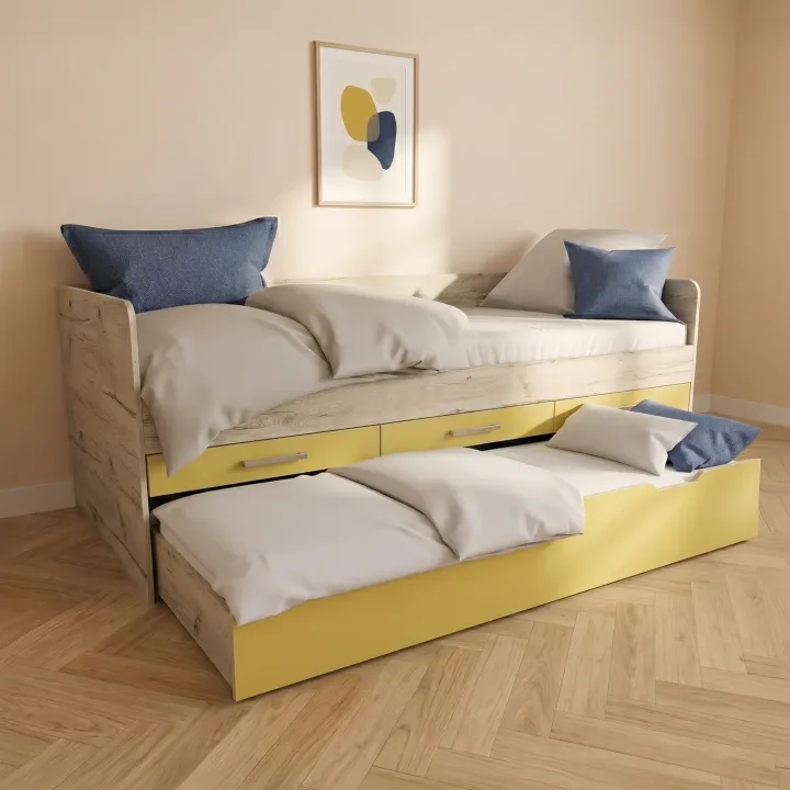Letto singolo 90x200 con letto estraibile e 3 cassetti bianco frassinato giallo Bra
