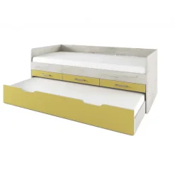 Letto singolo 90x200 con letto estraibile e 3 cassetti bianco frassinato giallo Bra