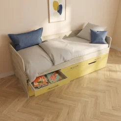 Letto singolo 90x200 con letto estraibile e 3 cassetti bianco frassinato giallo Bra