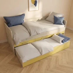 Letto singolo 90x200 con letto estraibile e 3 cassetti bianco frassinato giallo Bra