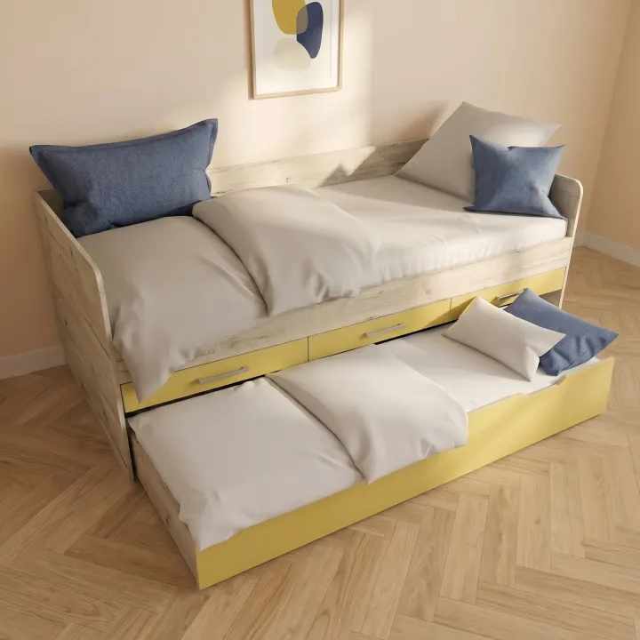 Letto singolo 90x200 con letto estraibile e 3 cassetti bianco frassinato giallo Bra