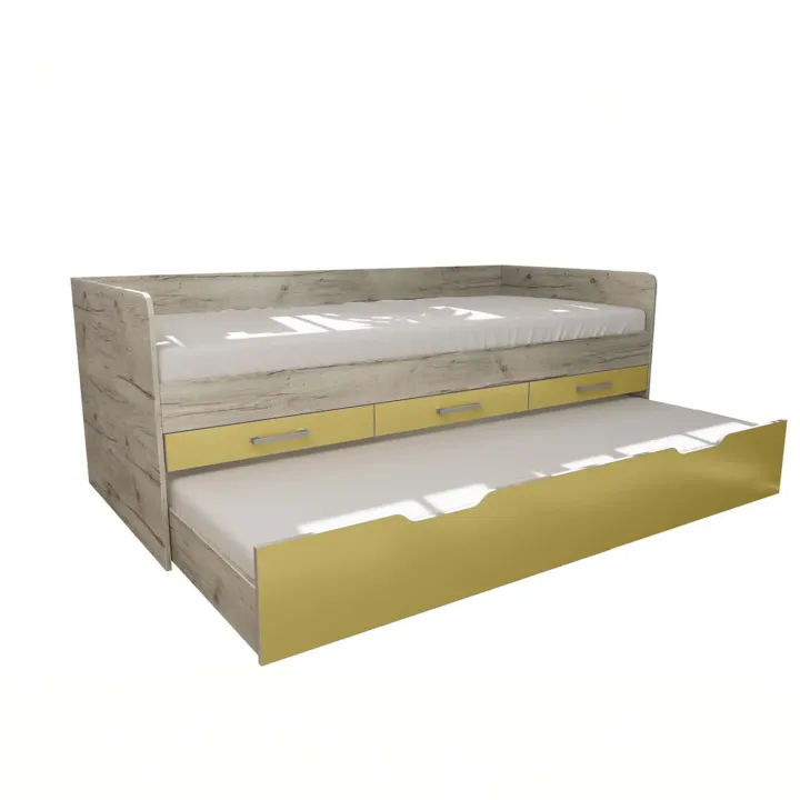 Letto singolo 90x200 con letto estraibile e 3 cassetti bianco frassinato giallo Bra