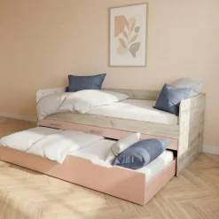 Letto singolo 90x200 con letto estraibile e 3 cassetti bianco frassinato rosa Bra