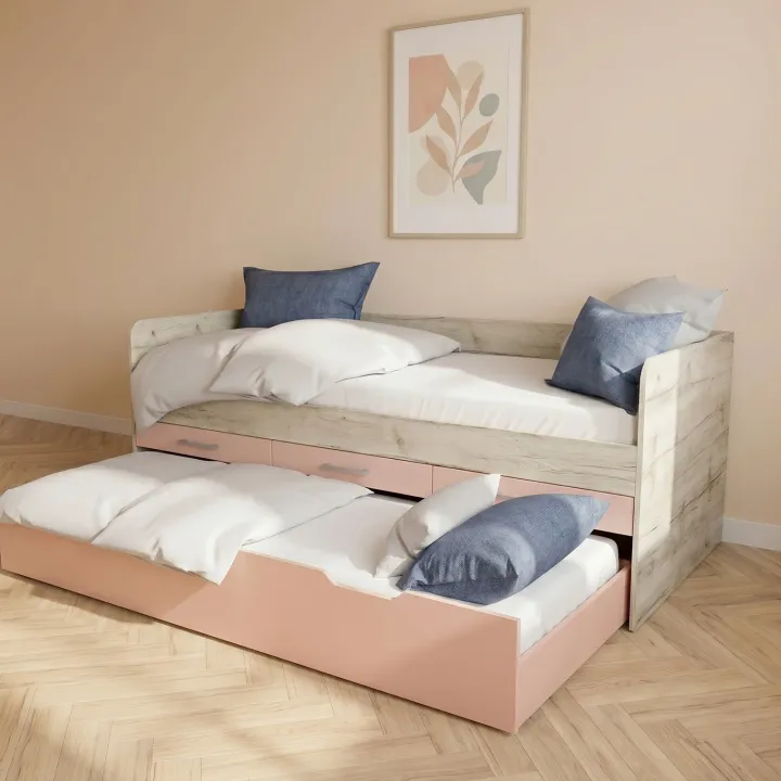 Letto singolo 90x200 con letto estraibile e 3 cassetti bianco frassinato rosa Bra