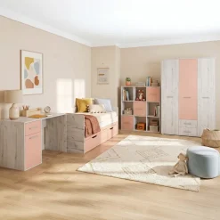 Letto singolo 90x200 con letto estraibile e 3 cassetti bianco frassinato rosa Bra