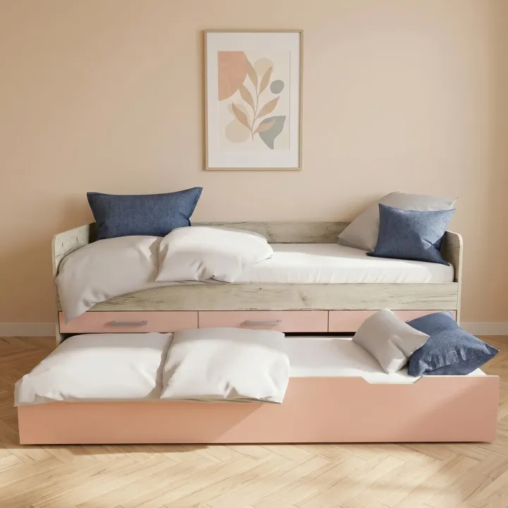 Letto singolo 90x200 con letto estraibile e 3 cassetti bianco frassinato rosa Bra