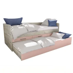 Letto singolo 90x200 con letto estraibile e 3 cassetti bianco frassinato rosa Bra