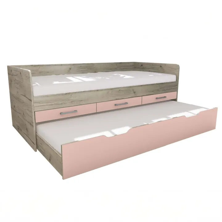Letto singolo 90x200 con letto estraibile e 3 cassetti bianco frassinato rosa Bra