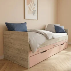Letto singolo 90x200 con letto estraibile e 3 cassetti bianco frassinato rosa Bra
