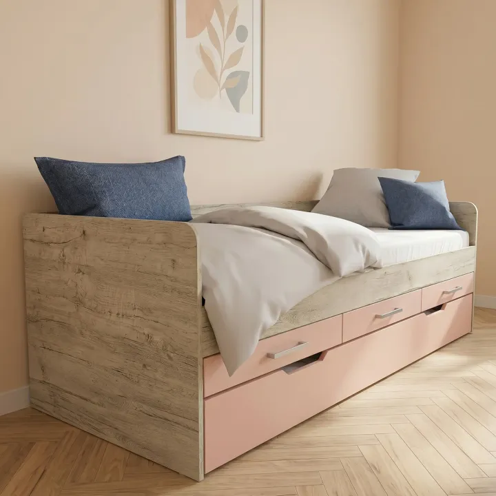 Letto singolo 90x200 con letto estraibile e 3 cassetti bianco frassinato rosa Bra
