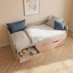 Letto singolo 90x200 con letto estraibile e 3 cassetti bianco frassinato rosa Bra