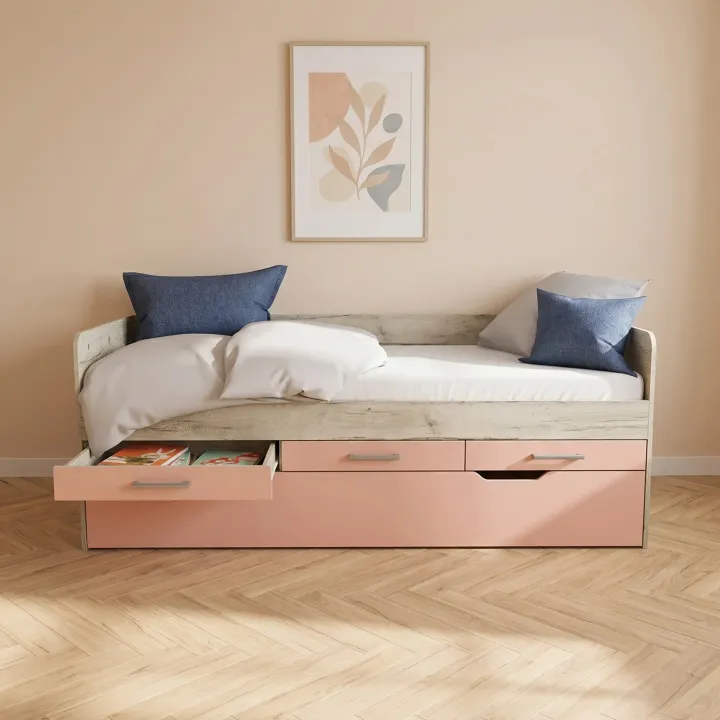Letto singolo 90x200 con letto estraibile e 3 cassetti bianco frassinato rosa Bra