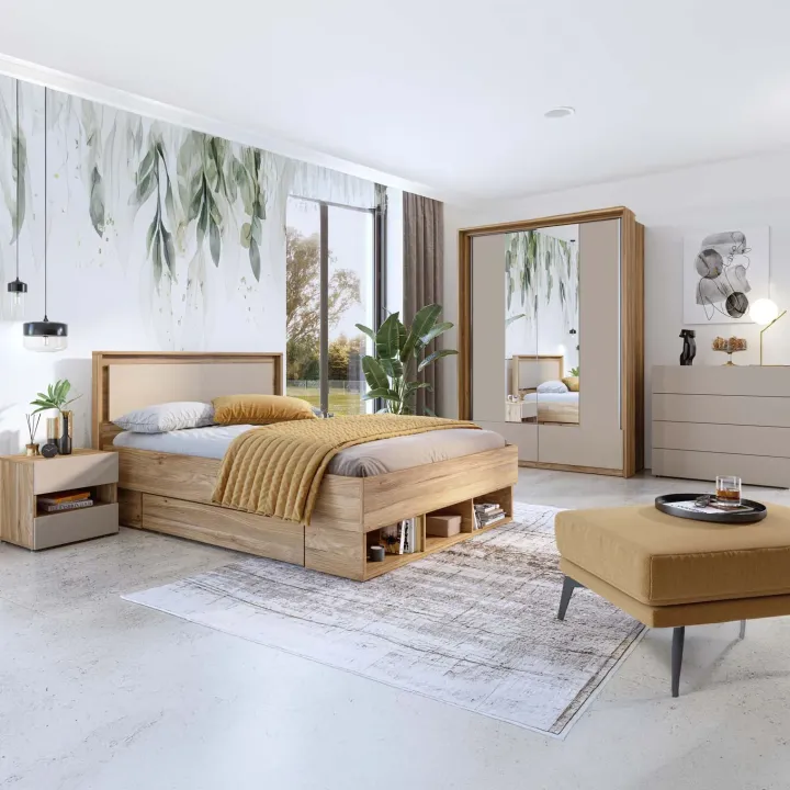 Letto 140x200cm alla francese con cassettoni rovere tortora Lise