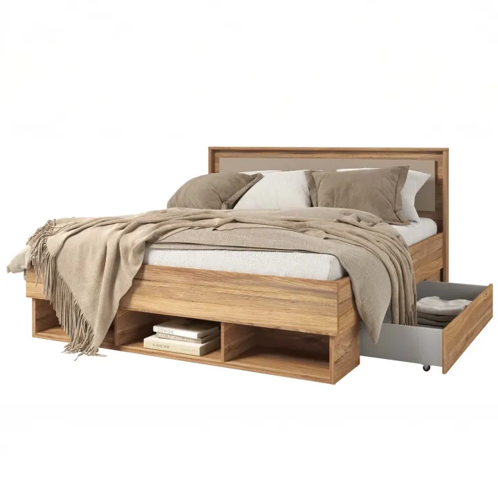 Letto 140x200cm alla francese con cassettoni rovere tortora Lise