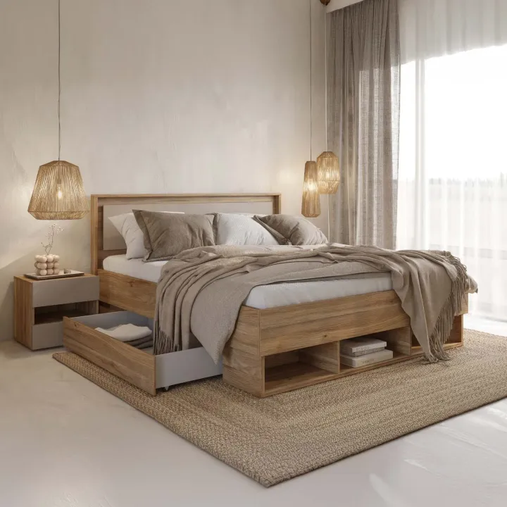 Letto 140x200cm alla francese con cassettoni rovere tortora Lise