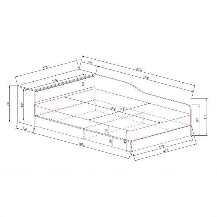 Letto 120x190cm contenitore una piazza e mezza con comò noce Joel