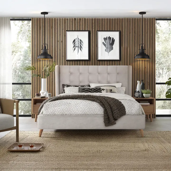 Letto 160x200cm matrimoniale imbottito in velluto con rete a doghe beige Resty
