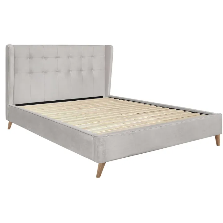 Letto 160x200cm matrimoniale imbottito in velluto con rete a doghe beige Resty