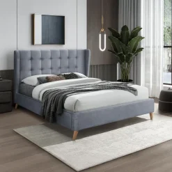 Letto 160x200cm matrimoniale imbottito in velluto con rete a doghe grigio Resty