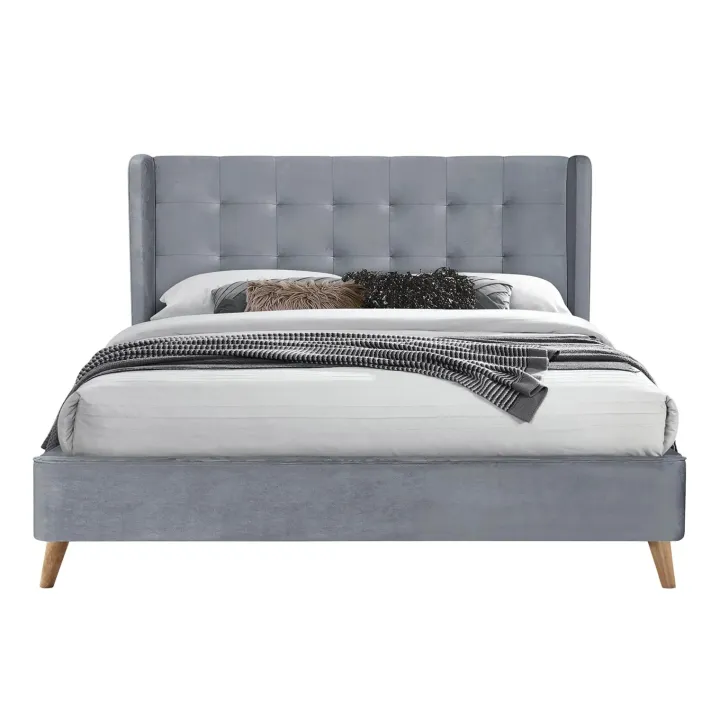 Letto 160x200cm matrimoniale imbottito in velluto con rete a doghe grigio Resty
