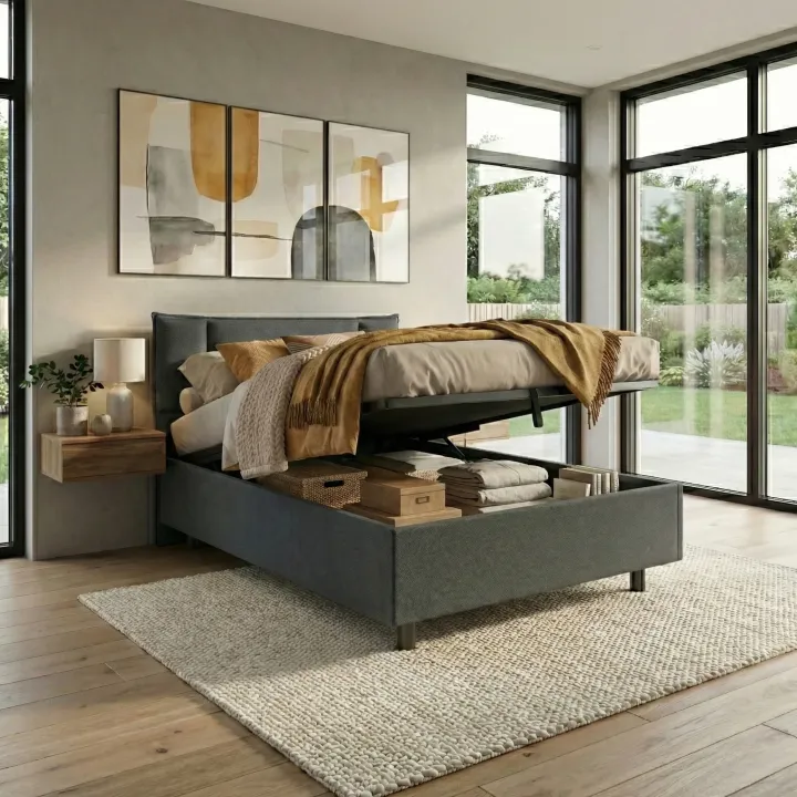 Letto 120x195cm una piazza e mezza con contenitore imbottito antracite Auden