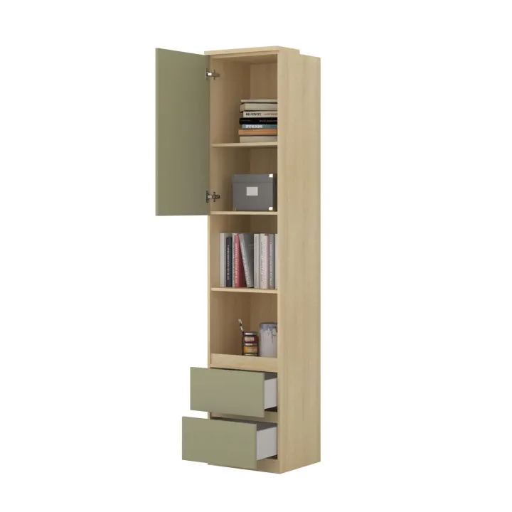 Libreria a colonna 45x215h cm 1 anta 2 vani a vista 2 cassetti verde salvia rovere Elvira