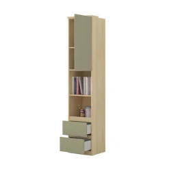 Libreria a colonna 45x215h cm 1 anta 2 vani a vista 2 cassetti verde salvia rovere Elvira