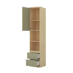 Libreria a colonna 45x215h cm 1 anta 2 vani a vista 2 cassetti verde salvia rovere Elvira