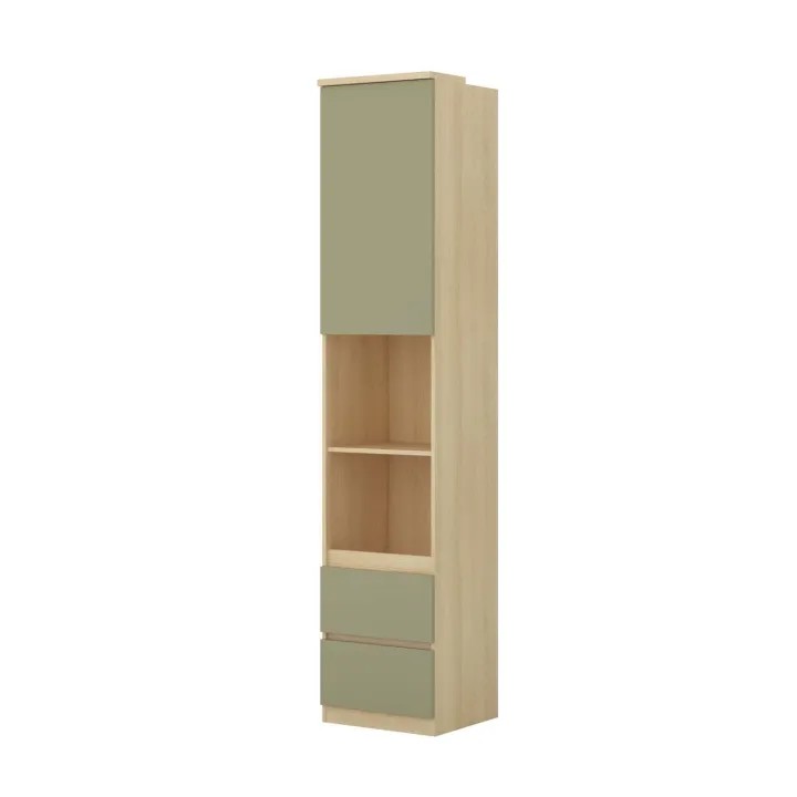 Libreria a colonna 45x215h cm 1 anta 2 vani a vista 2 cassetti verde salvia rovere Elvira