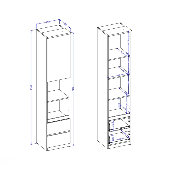 Libreria a colonna 45x215h cm 1 anta 2 vani a vista 2 cassetti verde salvia rovere Elvira