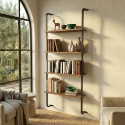 Libreria da parete 76x151h cm con 4 ripiani industrial noce metallo nero Bering