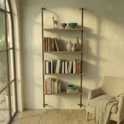 Libreria da parete 76x151h cm con 4 ripiani industrial noce metallo nero Bering