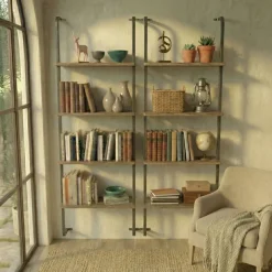 Libreria da parete 76x151h cm con 4 ripiani industrial noce metallo nero Bering