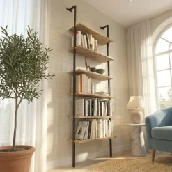 Libreria da parete 72x181h cm 6 ripiani industrial rovere metallo nero Biak