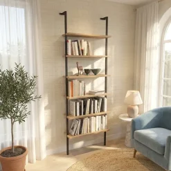 Libreria da parete 72x181h cm 6 ripiani industrial rovere metallo nero Biak